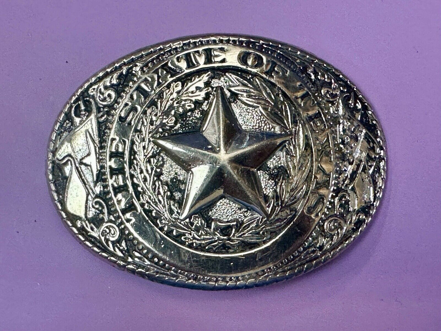 The Great State of Texas Star & Flag Silver color USA made western belt buckle