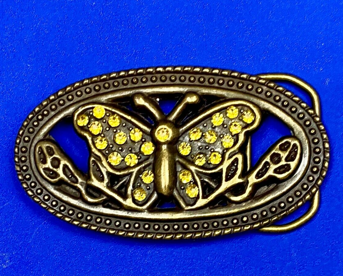 Beautiful Cut Out Butterfly - Yelloew Rhinestone Accented Brown Belt Buckle