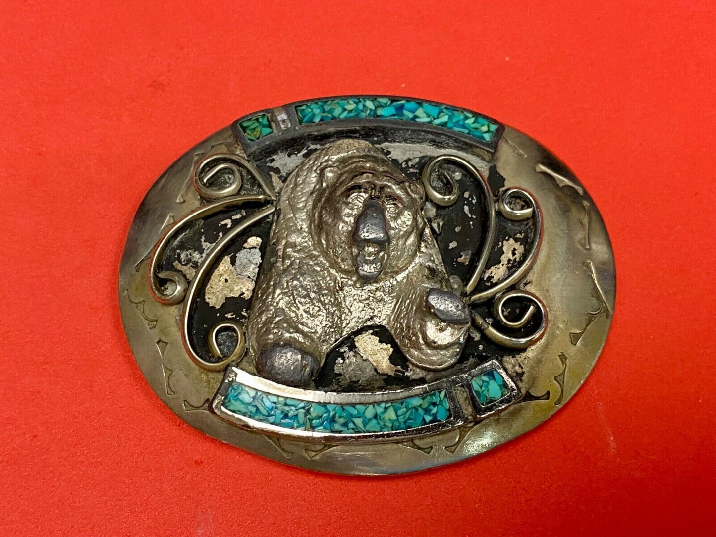 Bear Coming At You! Crushed Turquoise Belt Buckle - Hallmarked Nc? Navajo?