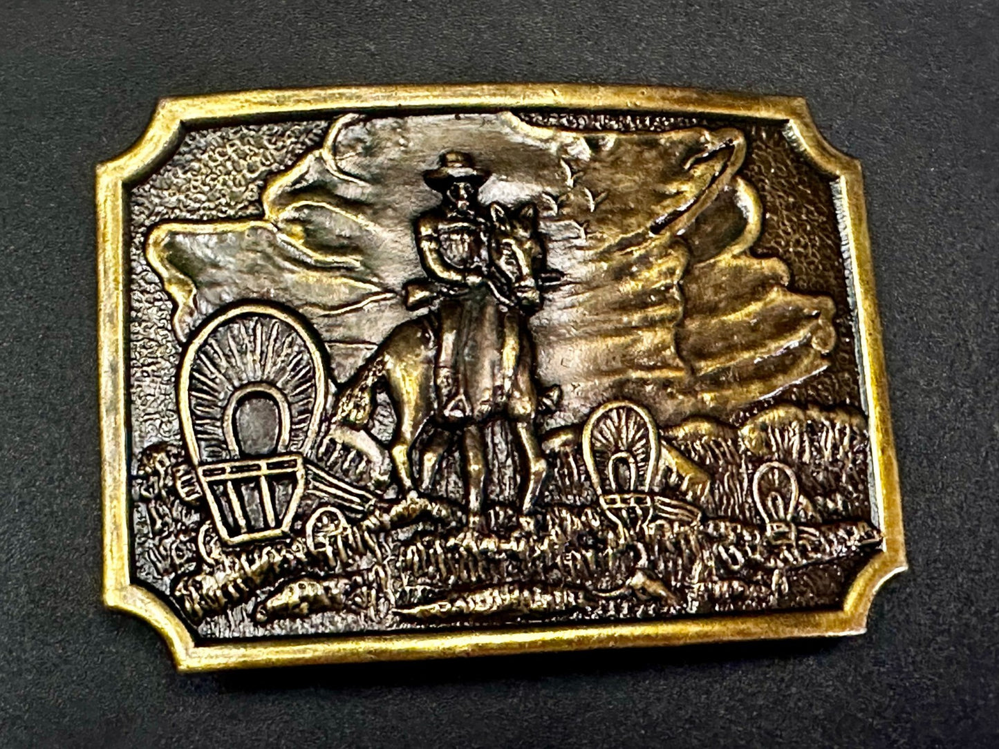 Tall In The Saddle Western Cowboy Leading Wagon Train Vintage ART Belt Buckle