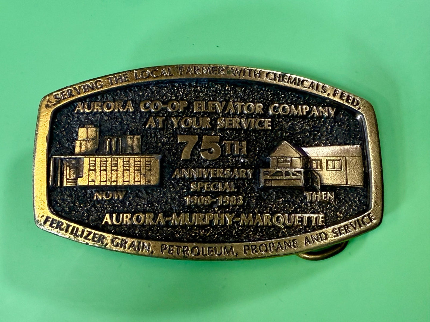 Aurora Co-Op Elevator Company at your Service 75th Anniversary Belt Buckle