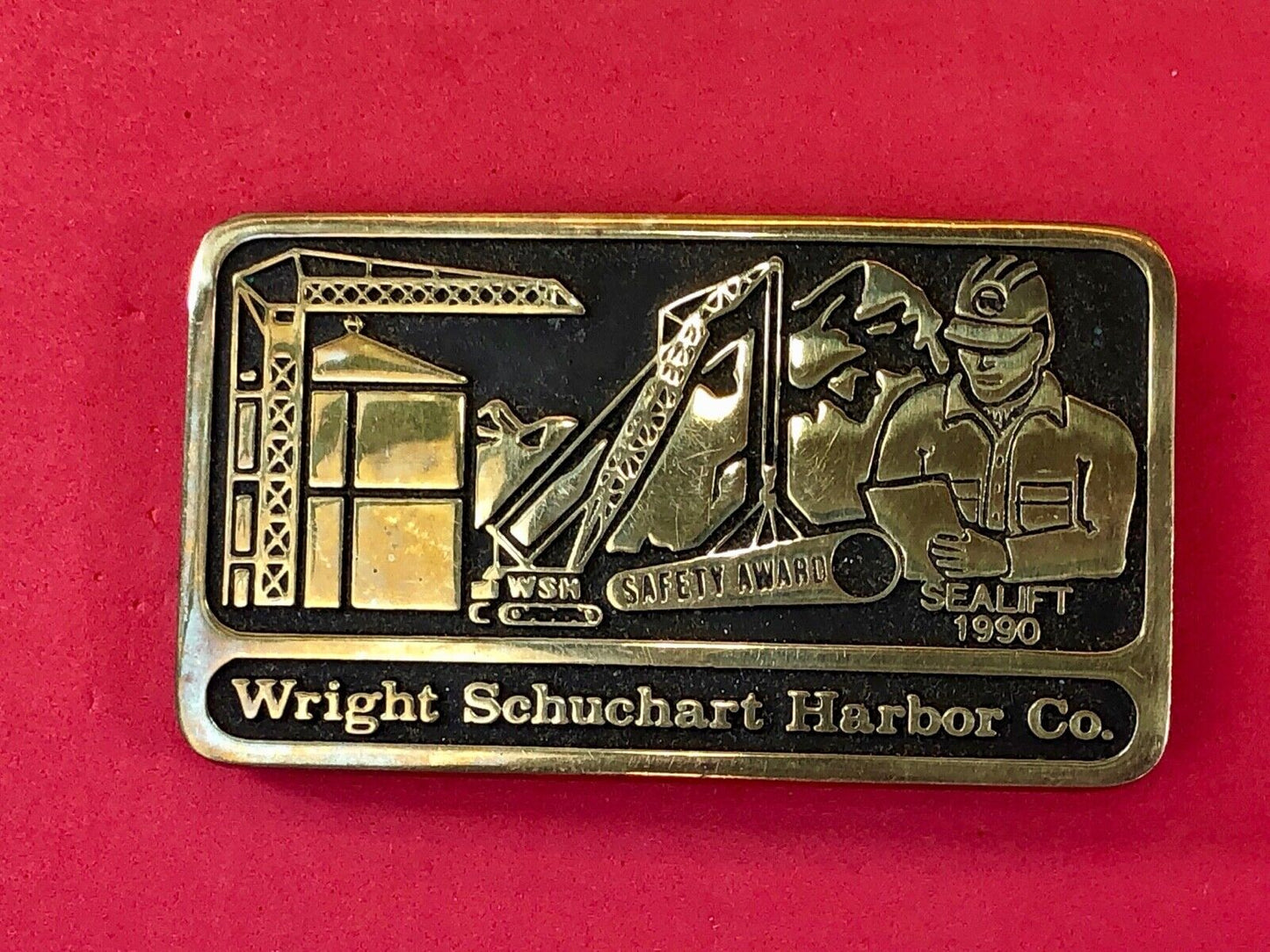 Vintage 1990 hand made solid brass Wright Schuchart Harbor Co promo Belt Buckle
