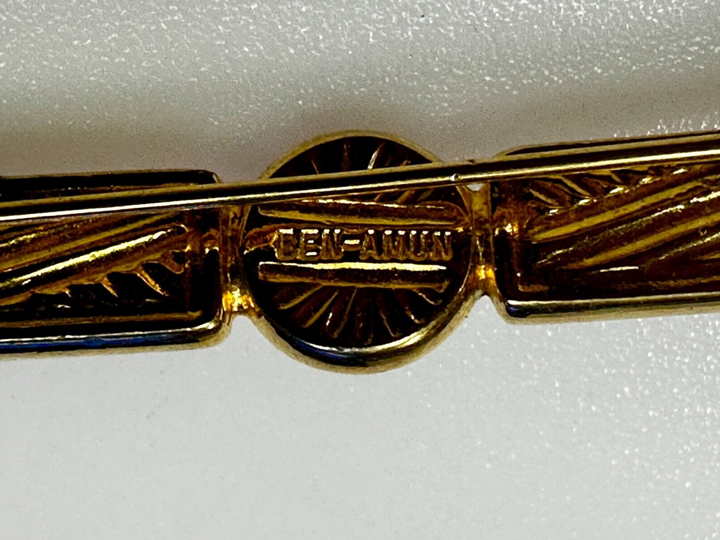 Three Red Round Glass? Vintage Gold Tone Bar Brooch Pin Signed by Ben-Amun