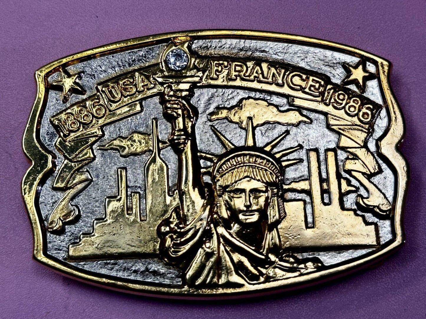 USA France Lady Liberty Statue Commemorative two tone Hammond Mint Belt Buckle