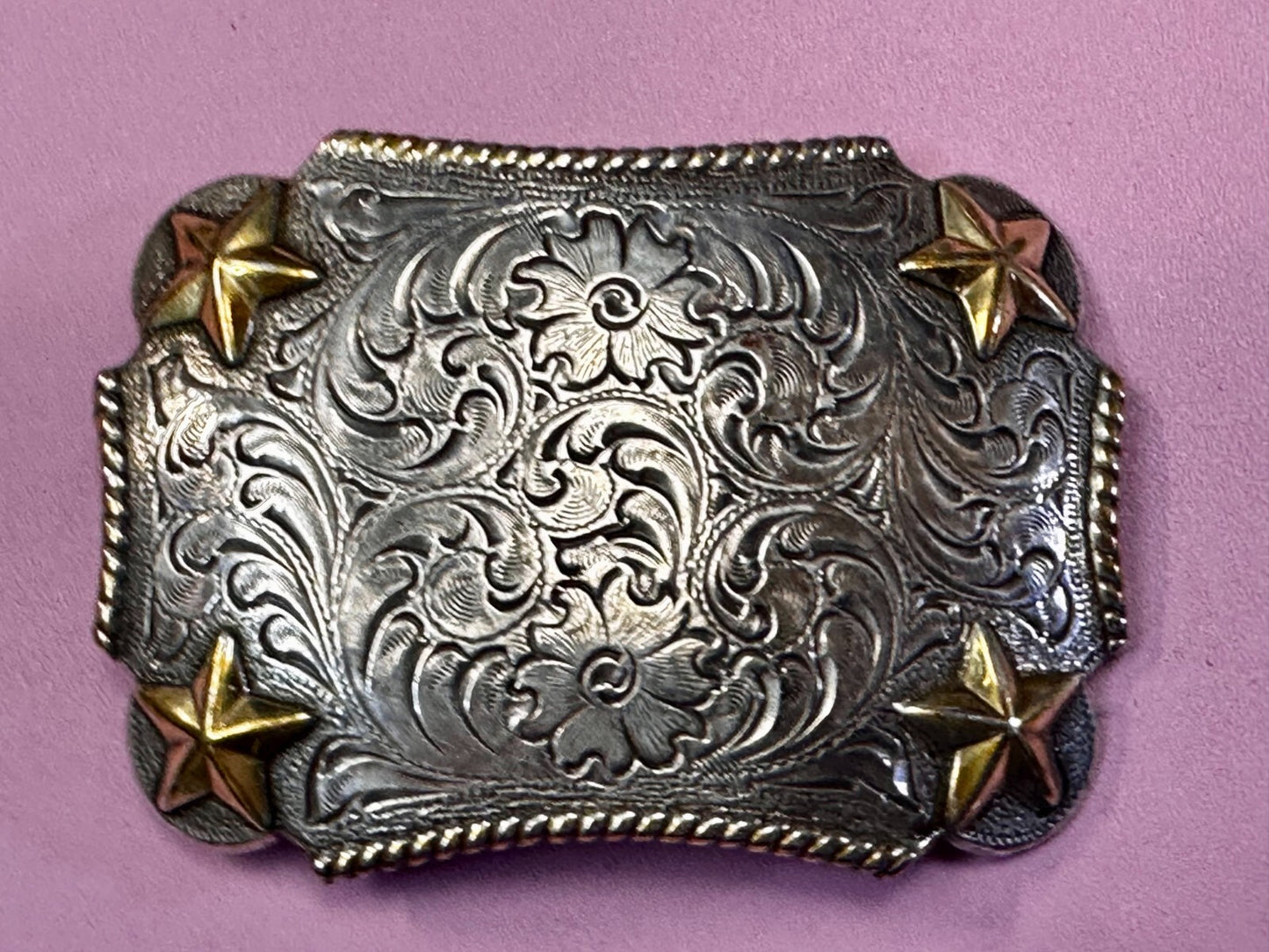 Texas Lone Star Corners Flower Swirl Ornate Western Two Tone Belt Buckle