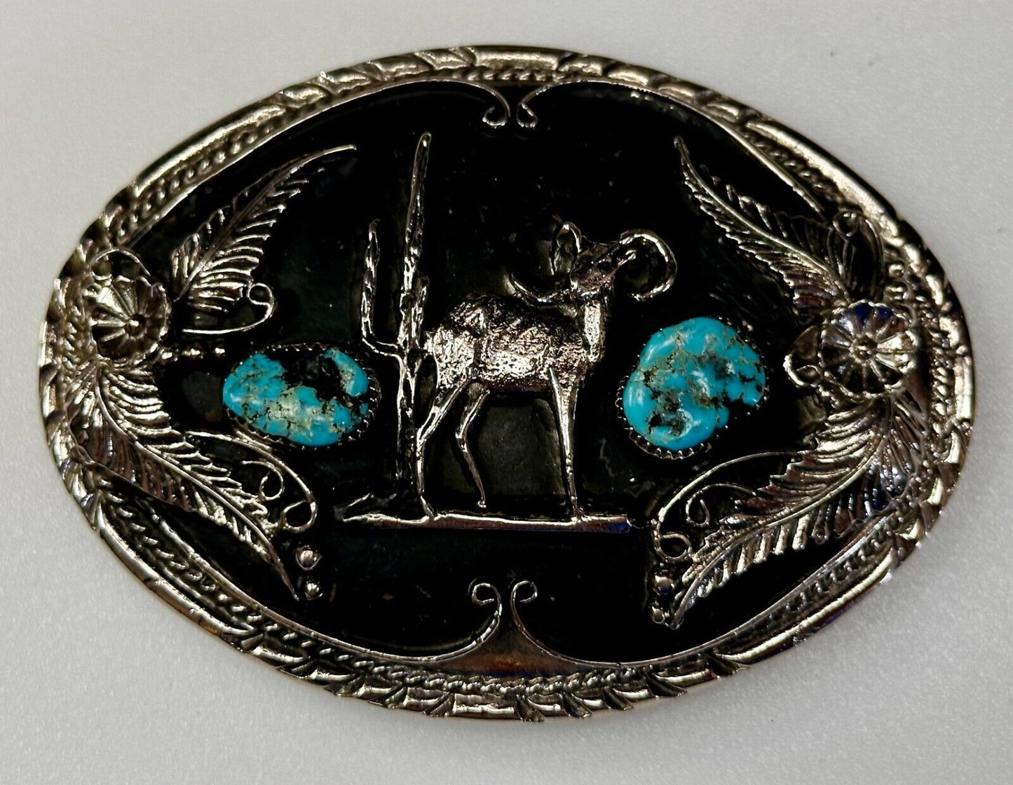 Bighorn Sheep Ram Mountain Goat Turquoise Stone Flower Leaf Western Belt Buckle