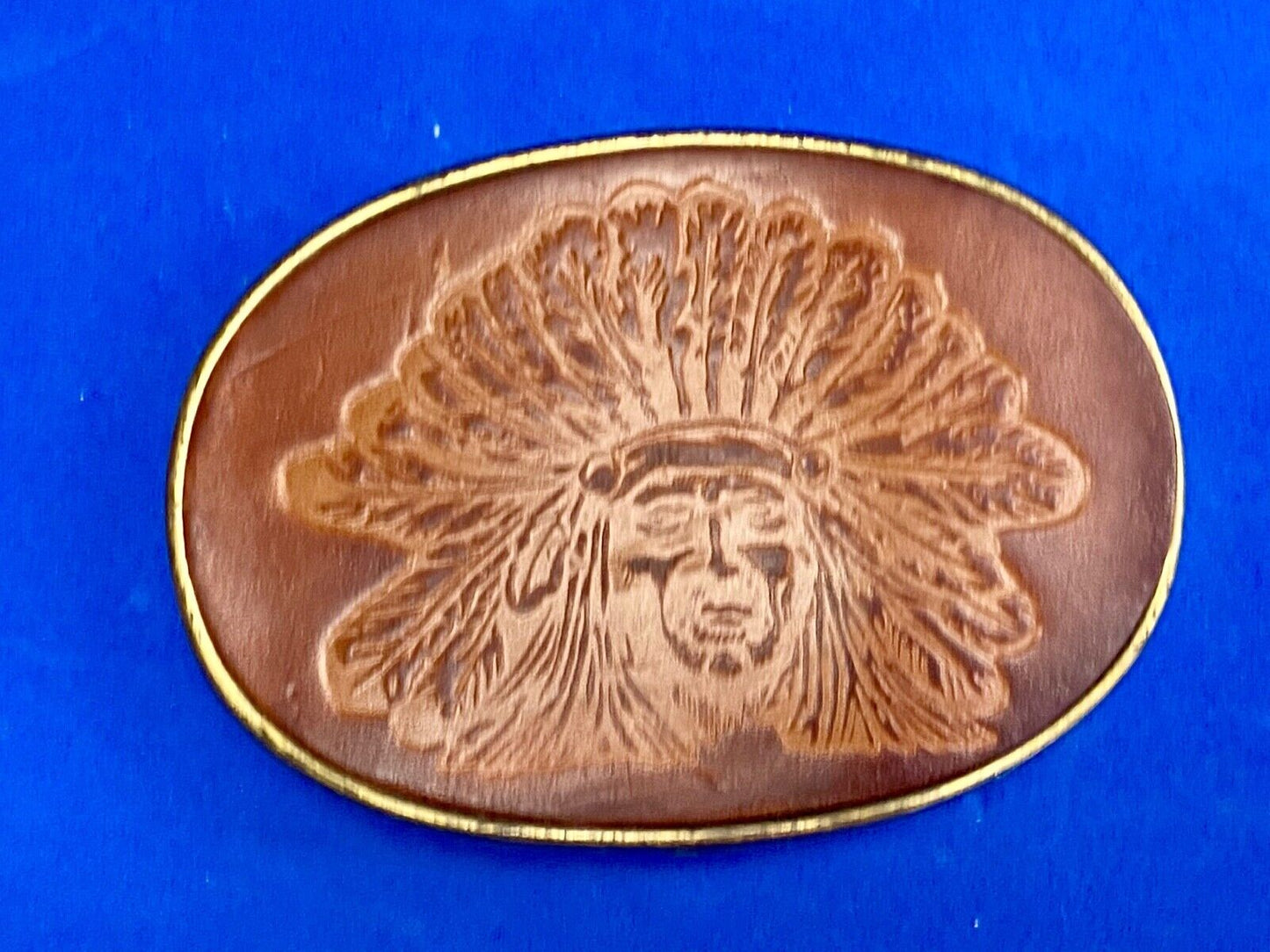 Beautiful Native American Indian Headdress bust on leather belt buckle