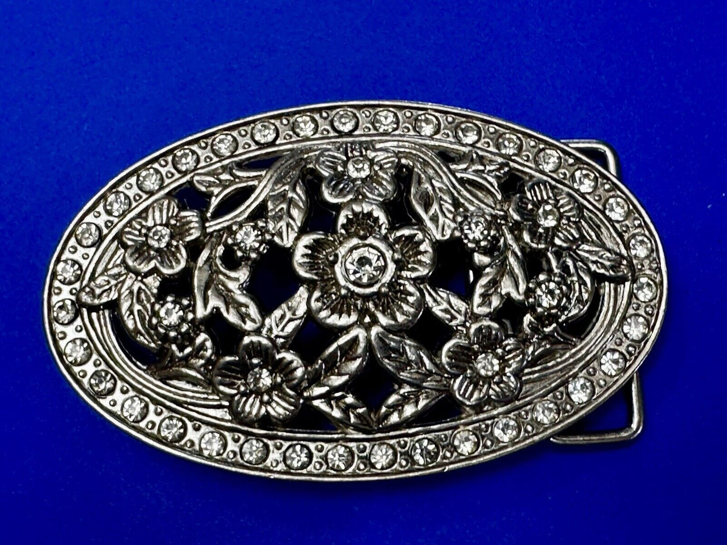 Swirl Flower Ornate Openwork Rhinestone Border Accent Silver Tone Belt Buckle