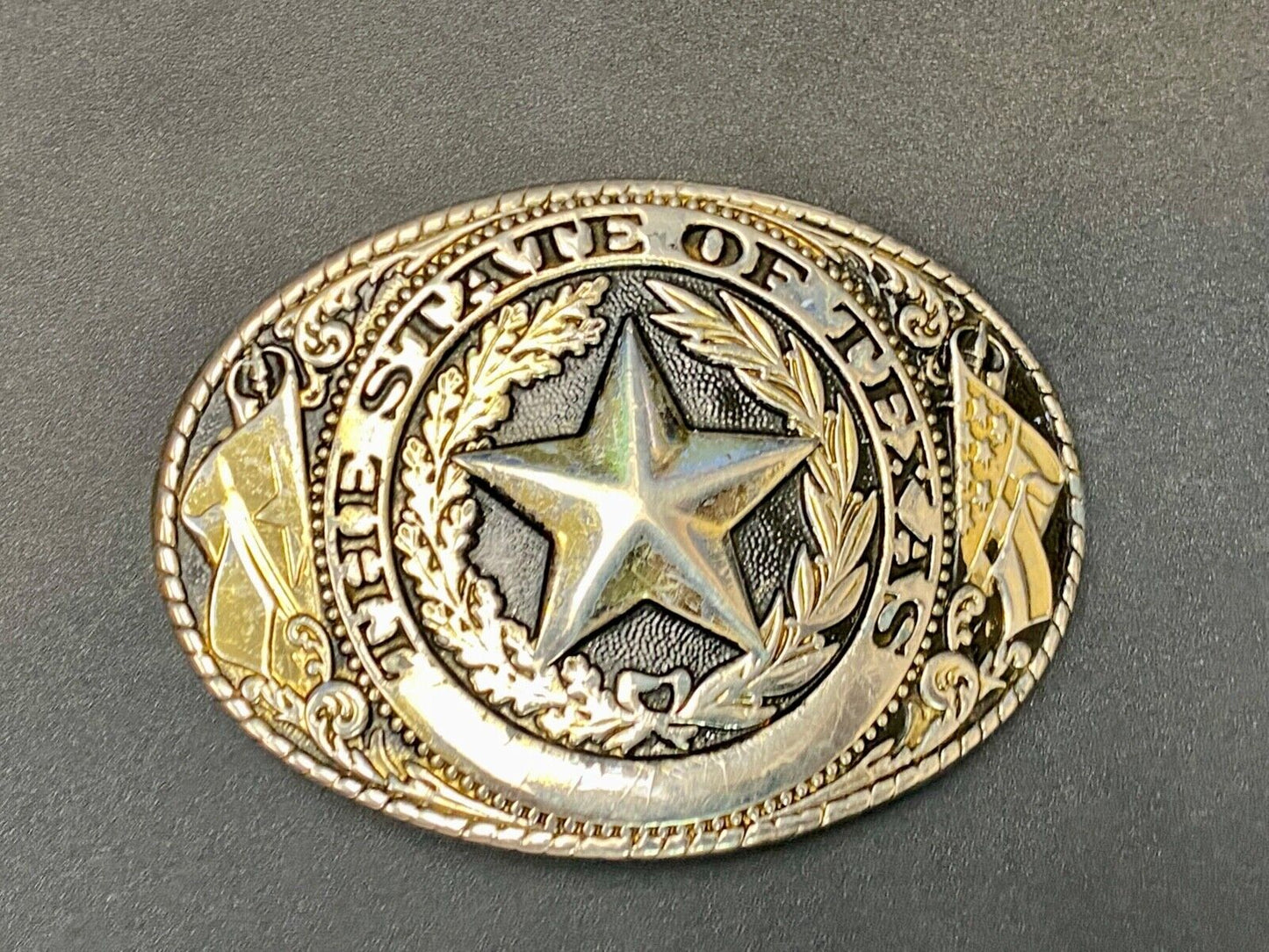 The Great State Of Texas Star & Olive Branch Western Oval Belt Buckle Stamped W
