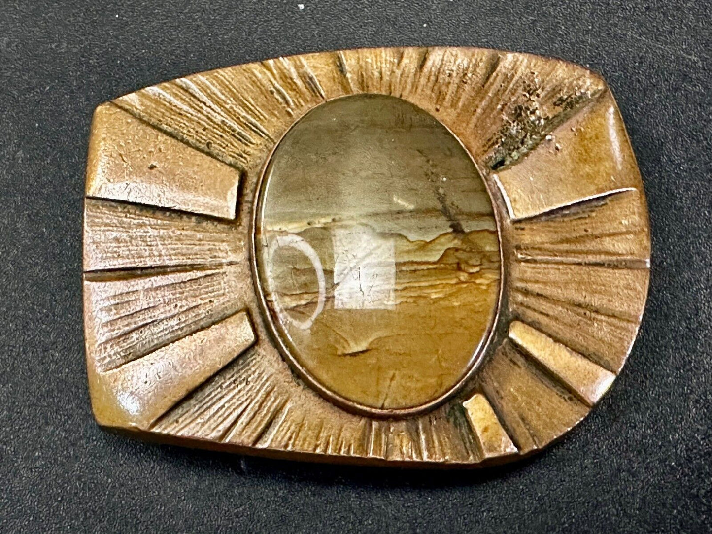 Art Deco Picture Jasper Cabochon Stone In Artisan Hippy Vibe Brass Belt Buckle