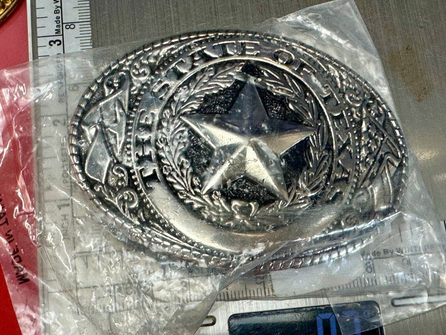 The Great State of Texas - Lone Star Flags seal silver tone NOS belt buckle