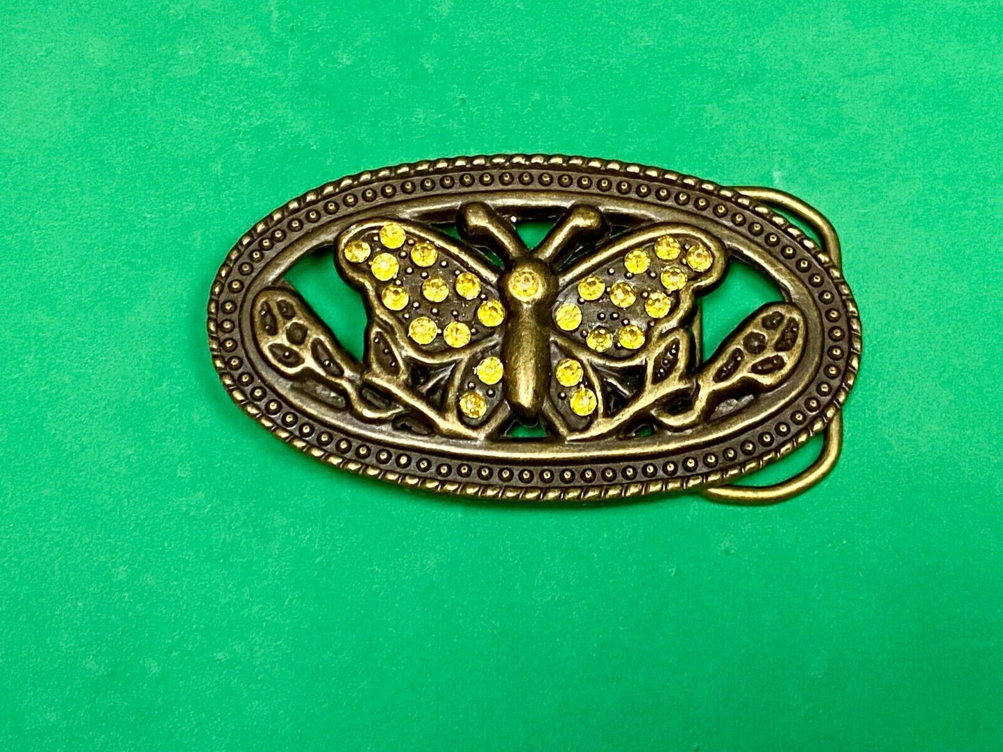 Beautiful Cut Out Butterfly - Yelloew Rhinestone Accented Brown Belt Buckle