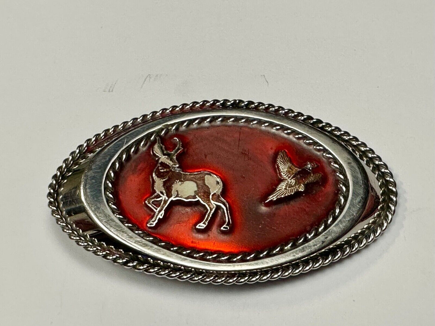 Vintage Artisan Hunters Deer and Quail oval western belt buckle