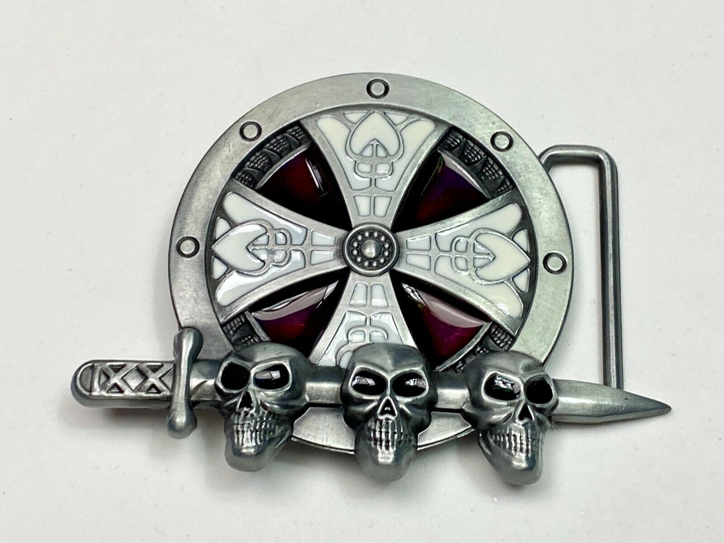 Three skulls through sword with celtic Iron Cross belt buckle