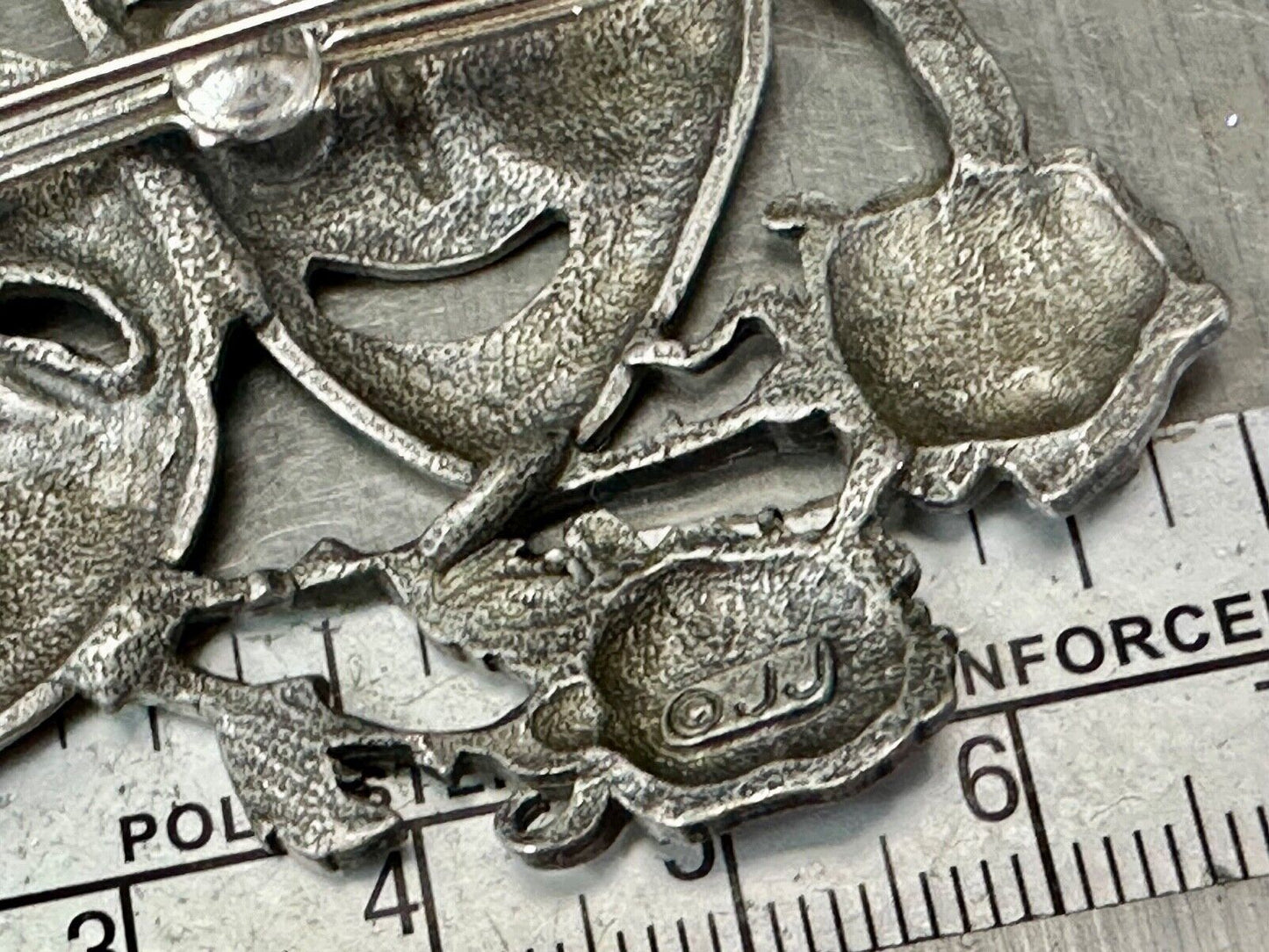 Theater Faces and Roses - Large JJ Signed silver tone vintage brooch pin