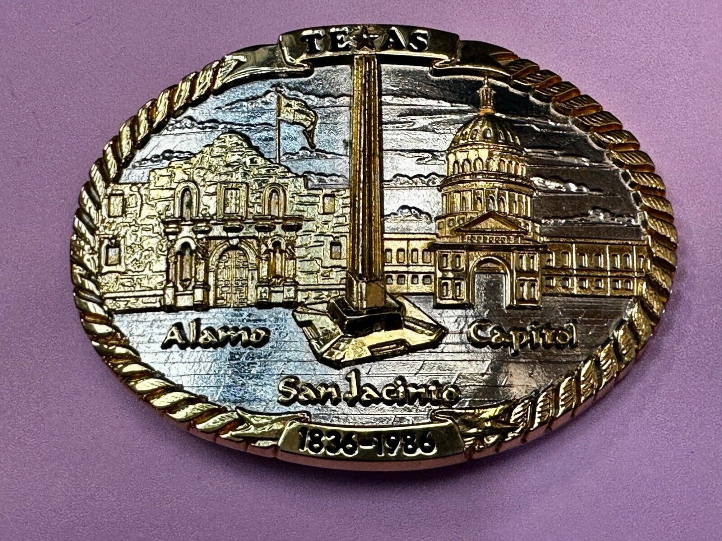 TEXAS SESQUICENTENNIAL ALAMO SAN JACINTO CAPITAL 1836-1986 TW Baker Belt Buckle