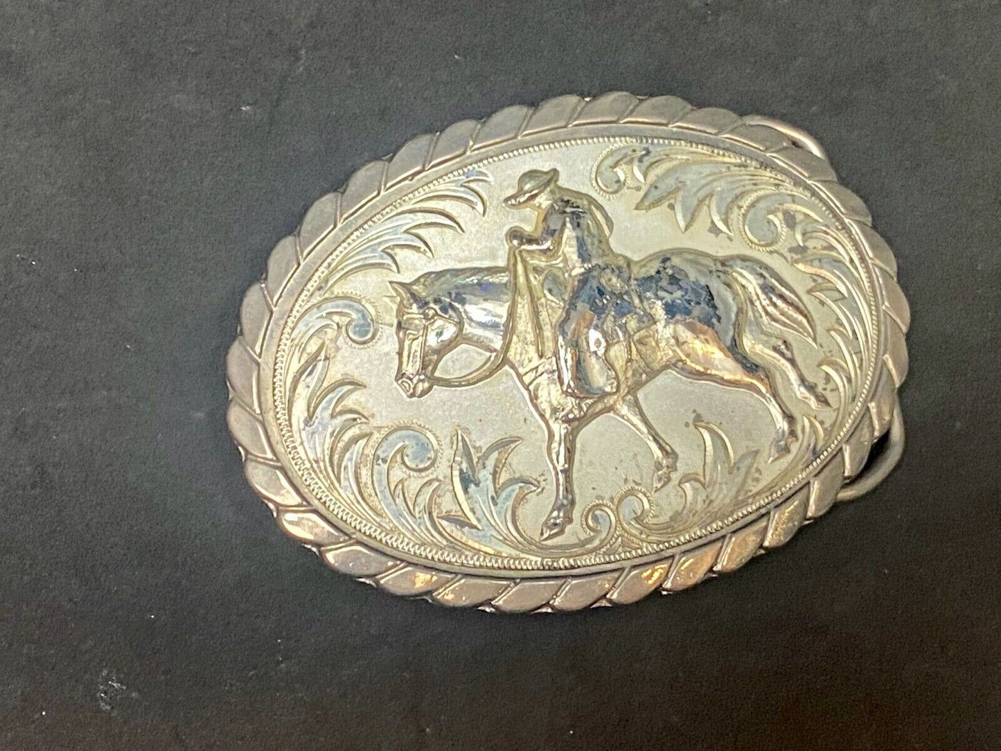 Vintage Cowboy Man Riding Horse Horseback Oval Western Style Belt Buckle
