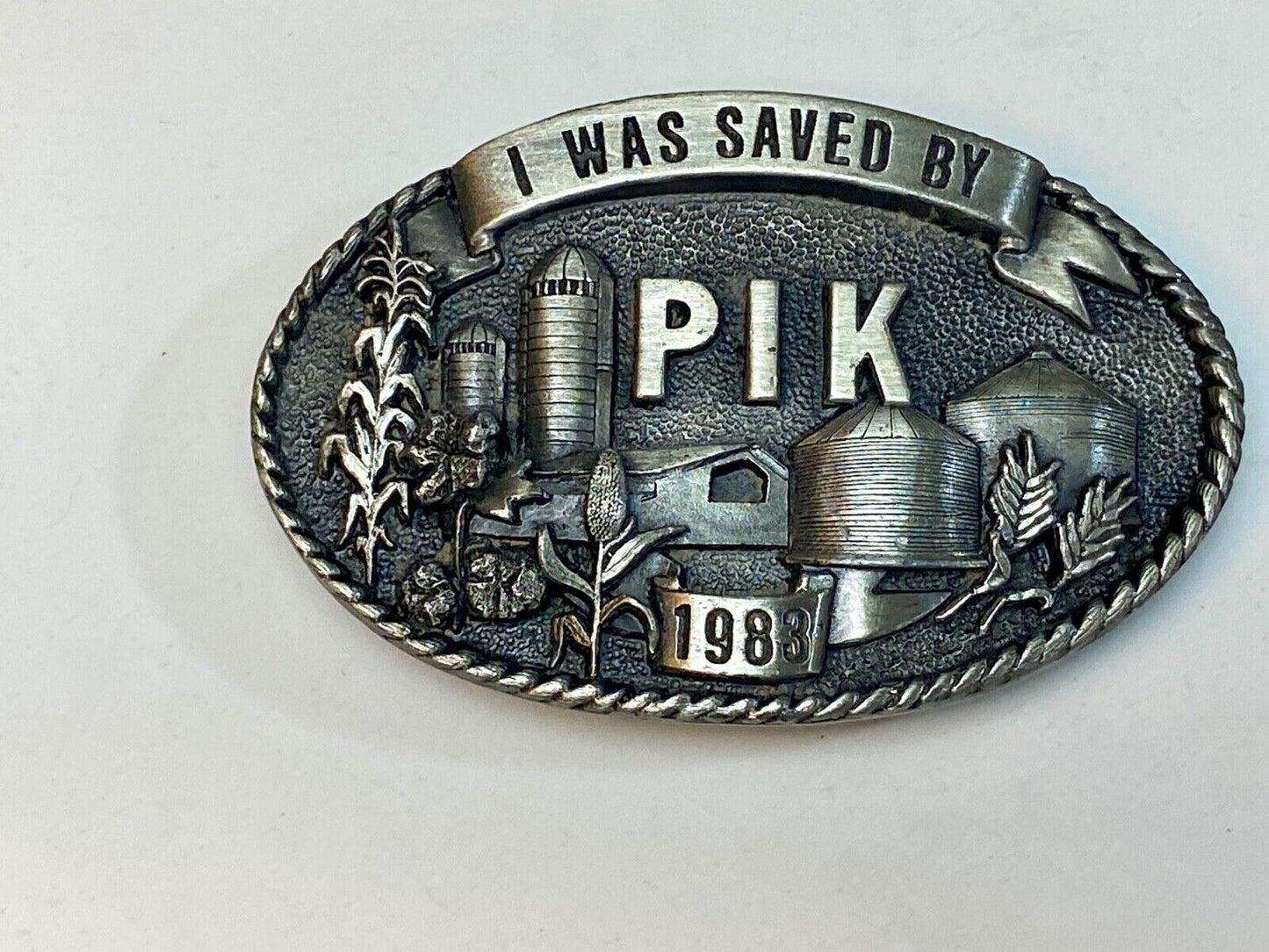1983 "I Was Saved By PIK" Farm Agriculture Belt Buckle Iowa Premium & Supply Co