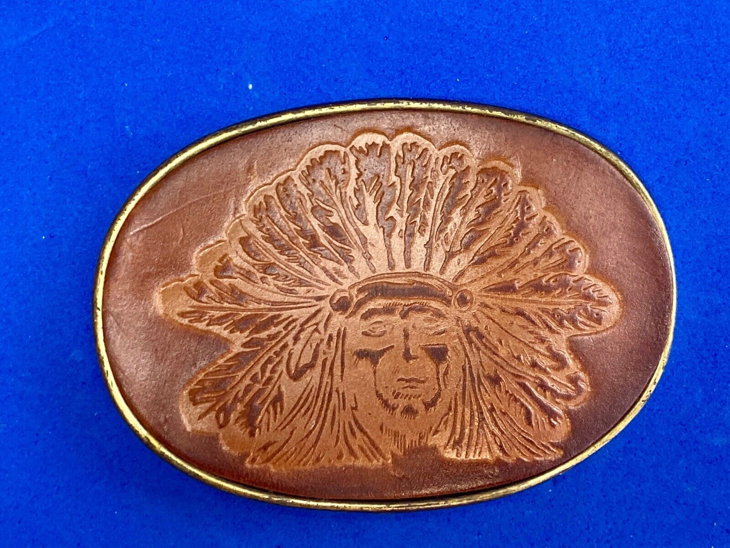 Beautiful Native American Indian Headdress bust on leather belt buckle