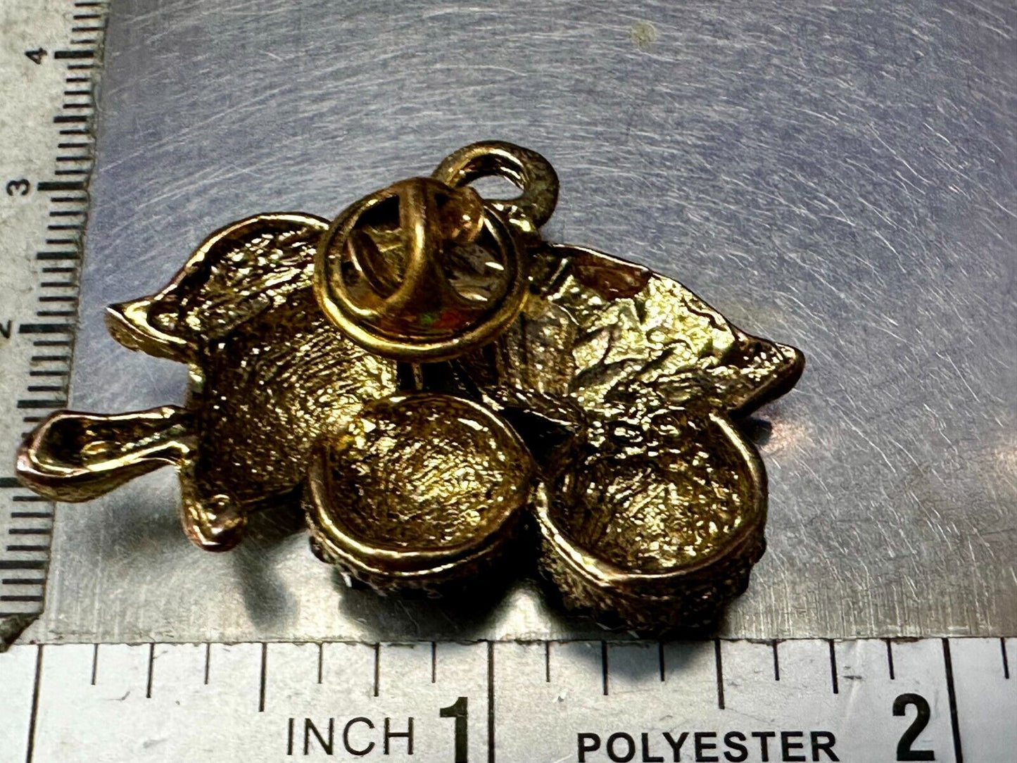 Two Cherries Cluster Fruits Vtg. Rhinestone Covered Figural Gold Tone Brooch Pin