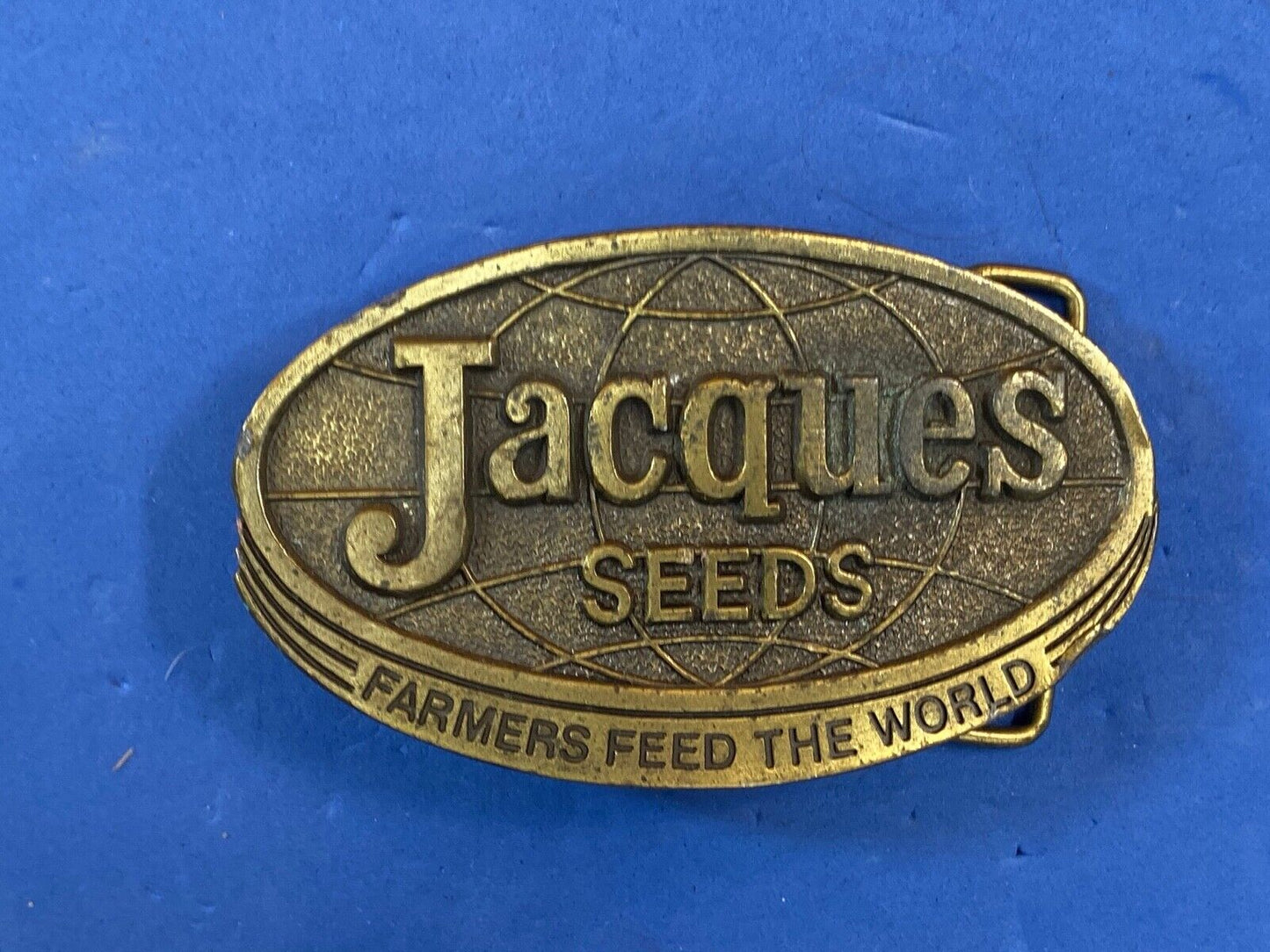 Vintage 1977 Jacques Seeds belt buckle - Farmers feed the world by lewis