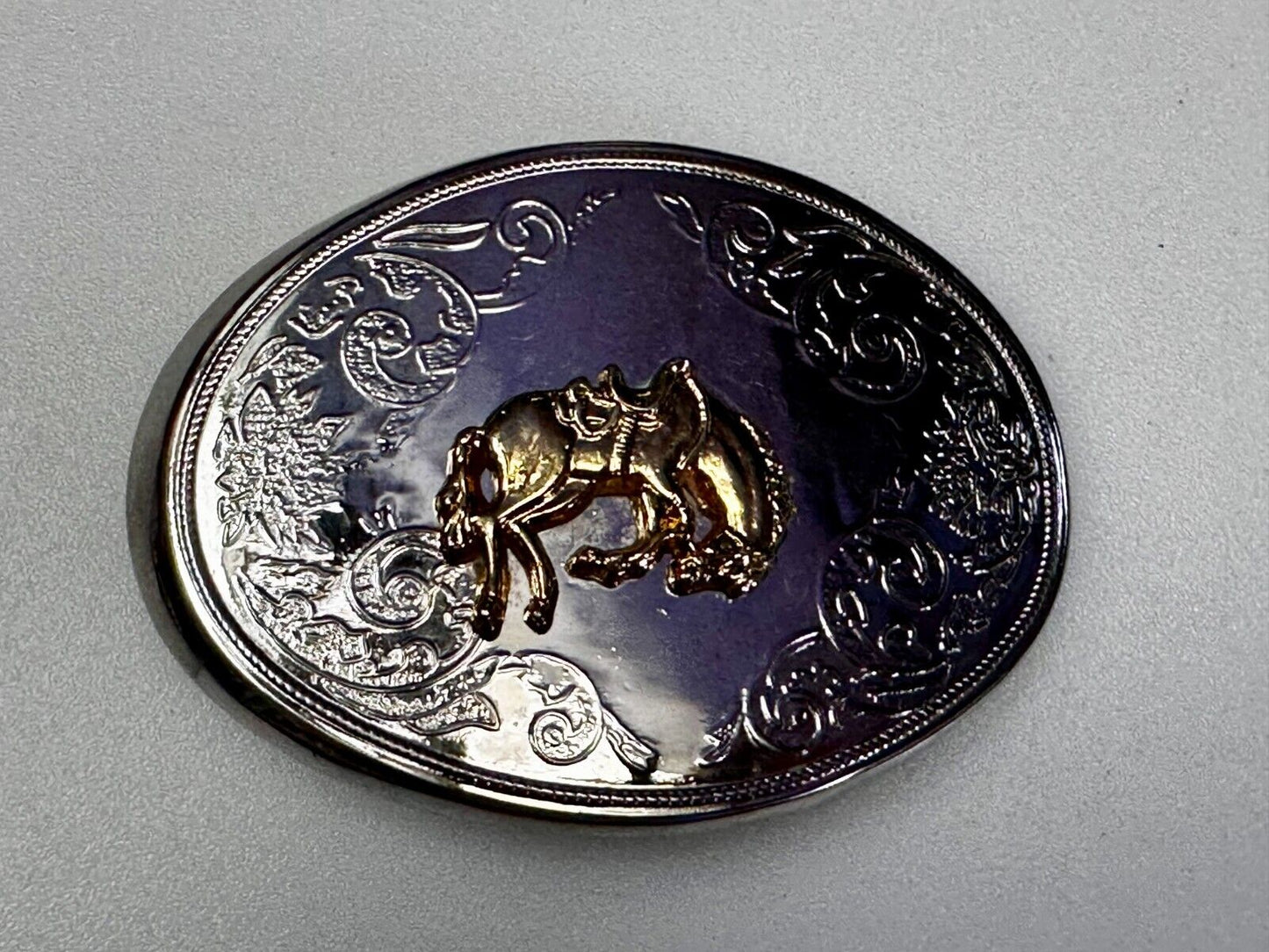 Vintage Cowboy Saddle Bronc Bucking Horse Two Tone Oval Engraved Belt Buckle