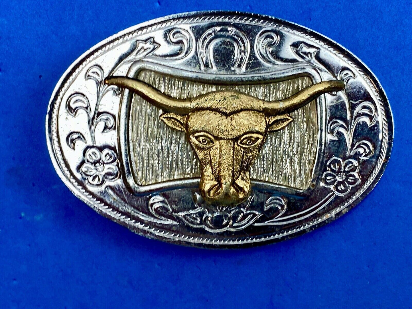 Texas Long Horn Cow Steer Cattle raised western belt buckle - Made in Japan