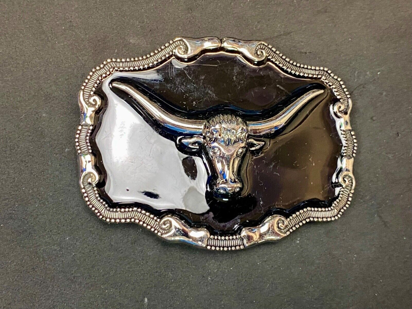 Black And Silver Color Texas Longhorn Bull Steer Western Framed Belt Buckle
