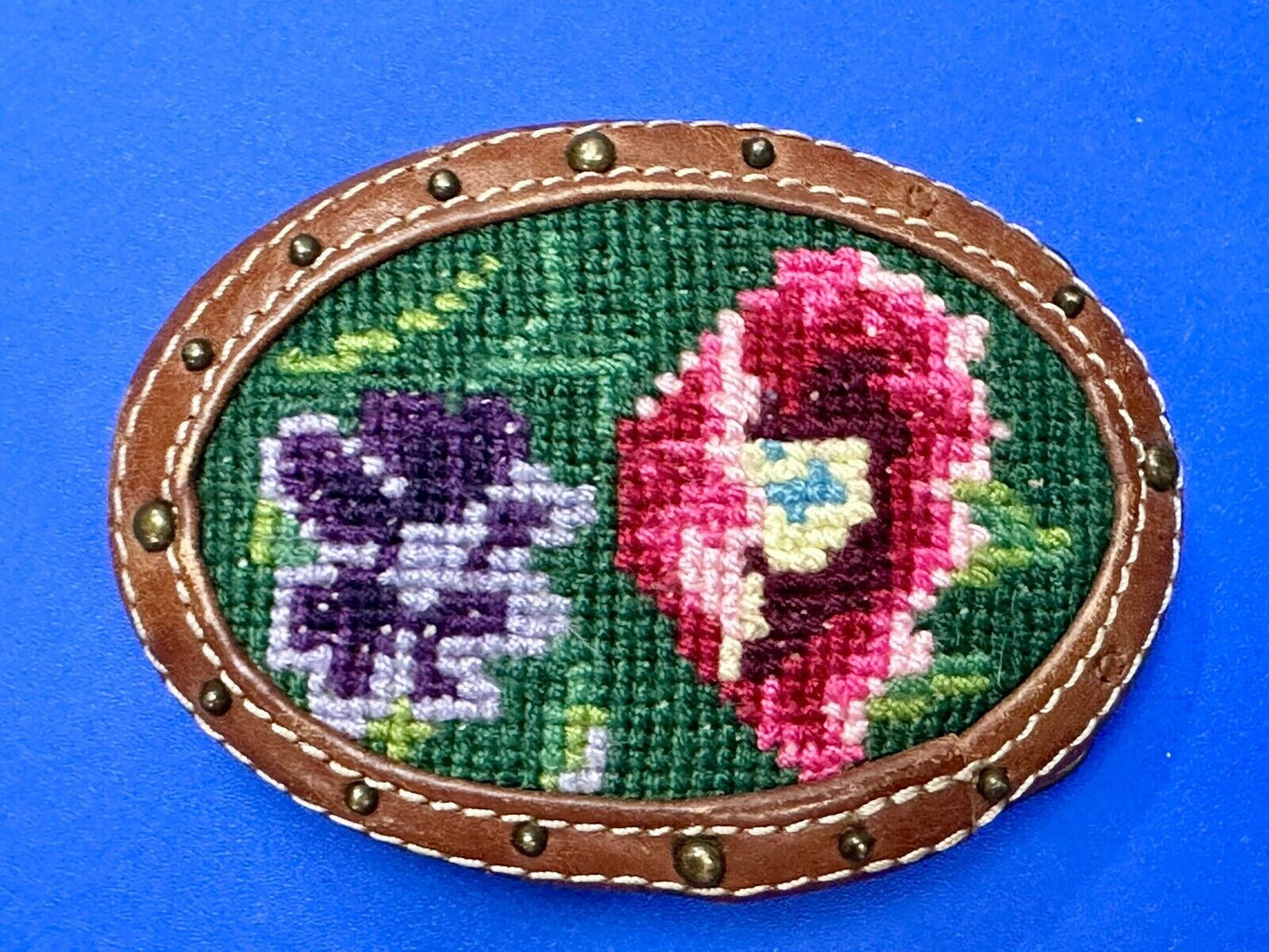 Beautiful Flowers Artisan cross-stitched on brown leather Vintage Belt Buckle