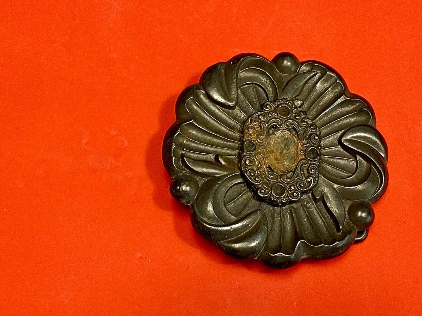Vintage Antique? Black Flower belt buckle marked BF. - missing stones