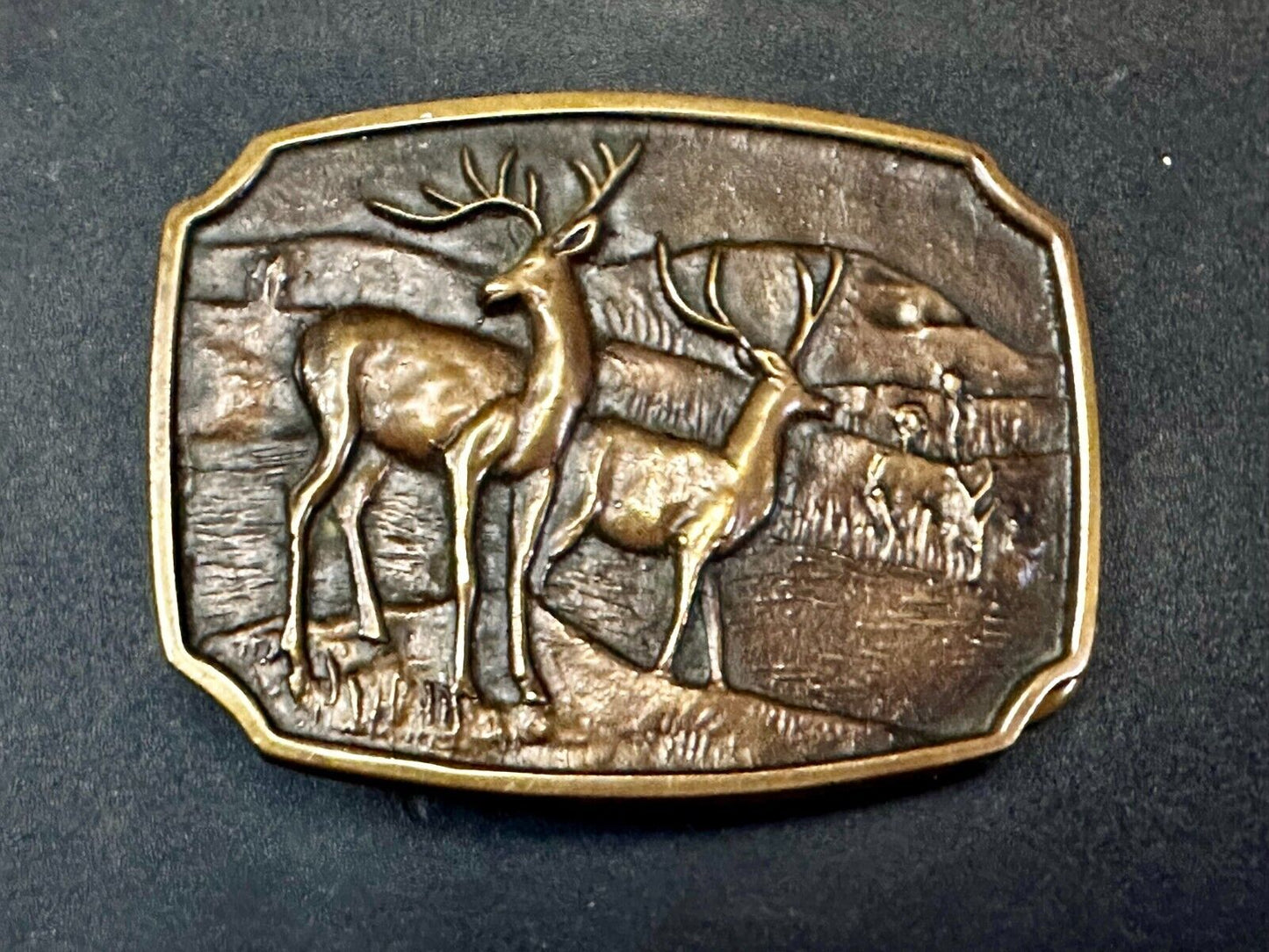 Vintage 1978 BTS Solid Brass Belt Buckle Deer Buck Running Wilderness Made USA