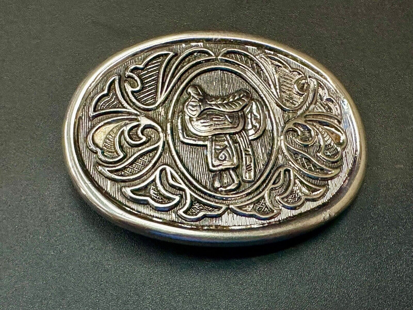 AVON Oval Ornate Vintage Belt Buckle Western Design w/Horse Saddle Silver Tone