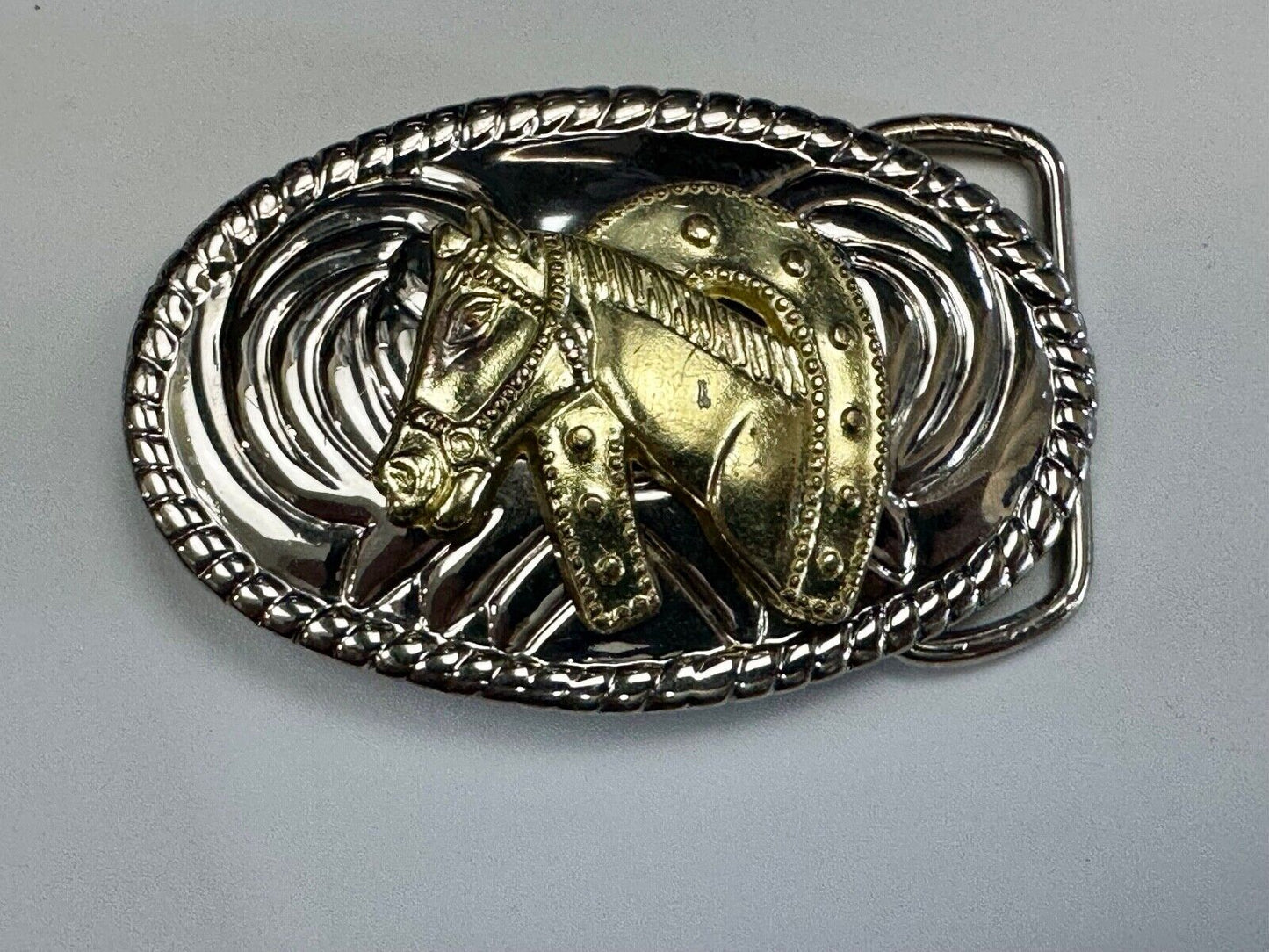Beautiful NOS Horse head / lucky horseshoe - small two tone oval belt buckle