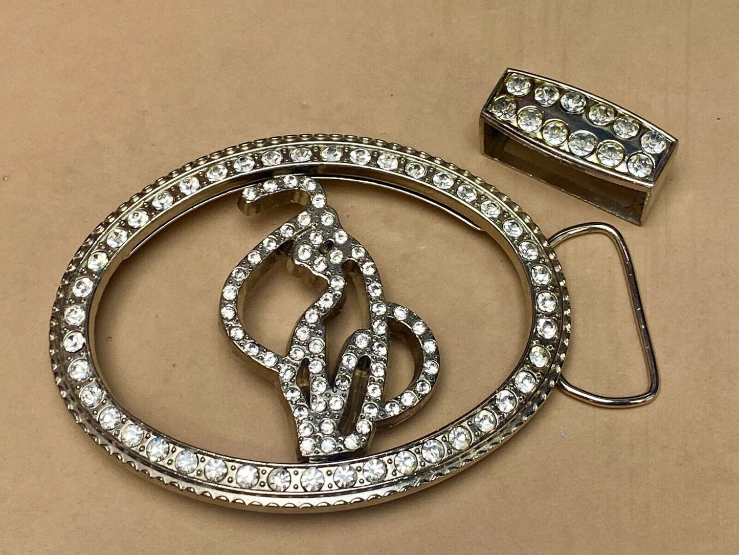 Beautiful Rhinestone Accented Western Two Pc Set See Through Belt Buckle
