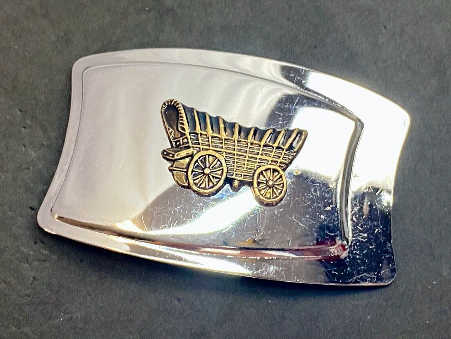 Vintage Covered Wagon Train Style Mirrored Belt Buckle Western Cowboy