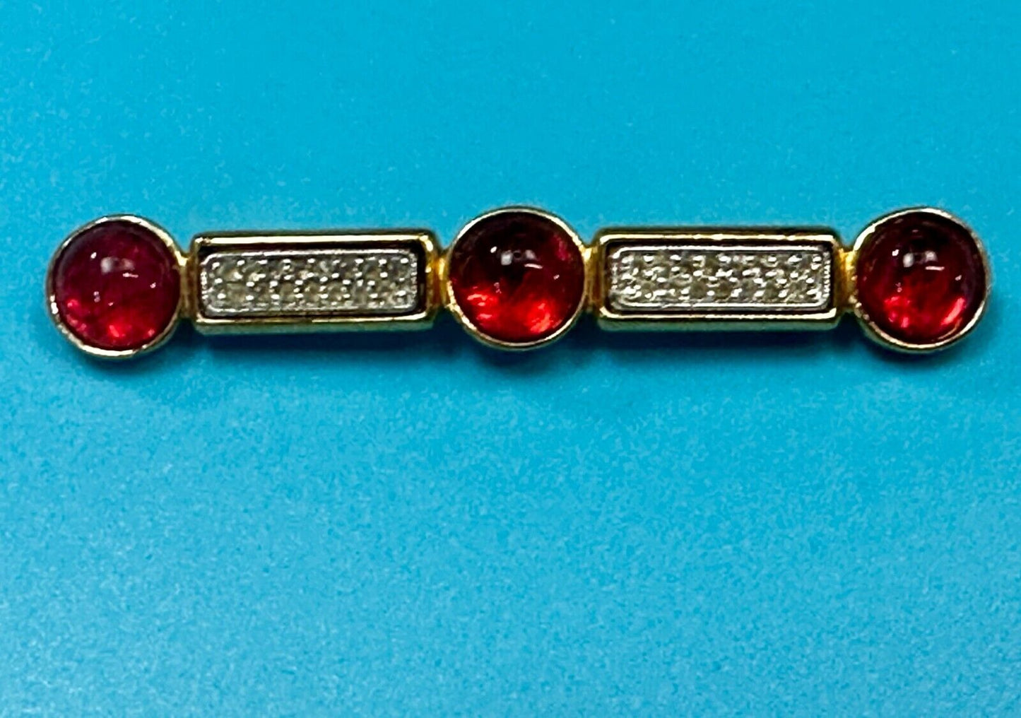 Three Red Round Glass? Vintage Gold Tone Bar Brooch Pin Signed by Ben-Amun