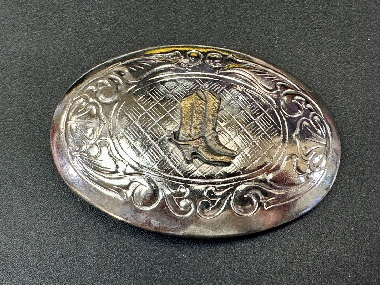 vintage Cowboy Boots western theme two tone flower swirl design belt buckle
