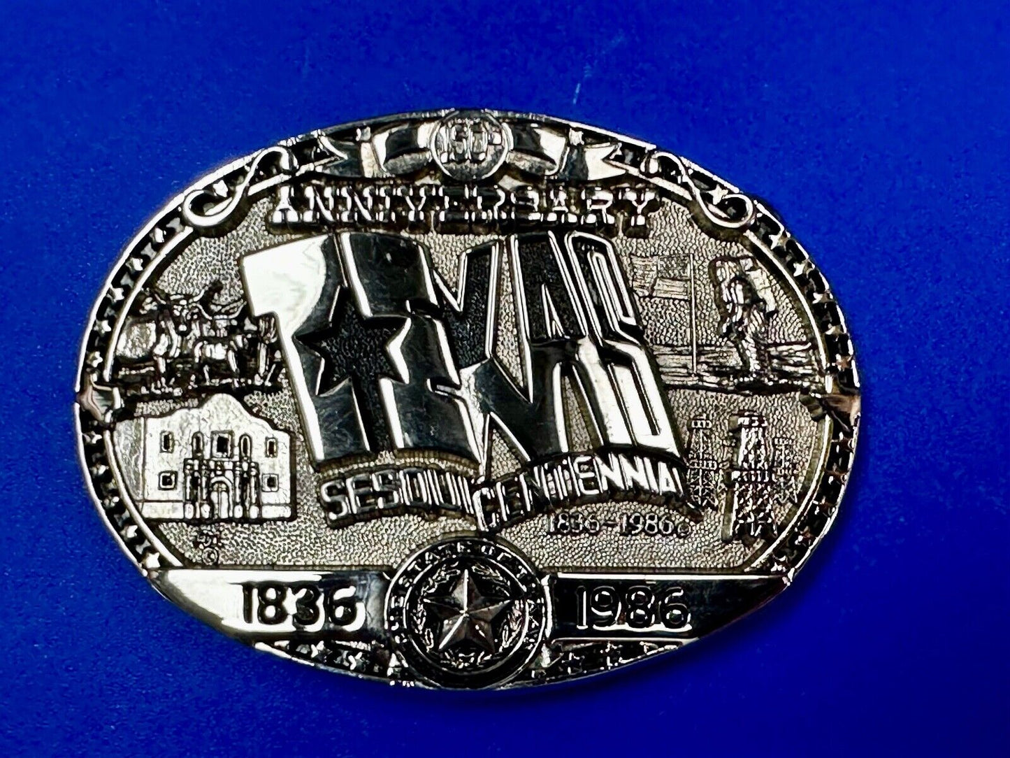 Texas Official 1986 Sesquicentennial ADM Belt Buckle - Oil rig, Alamo Lone Star