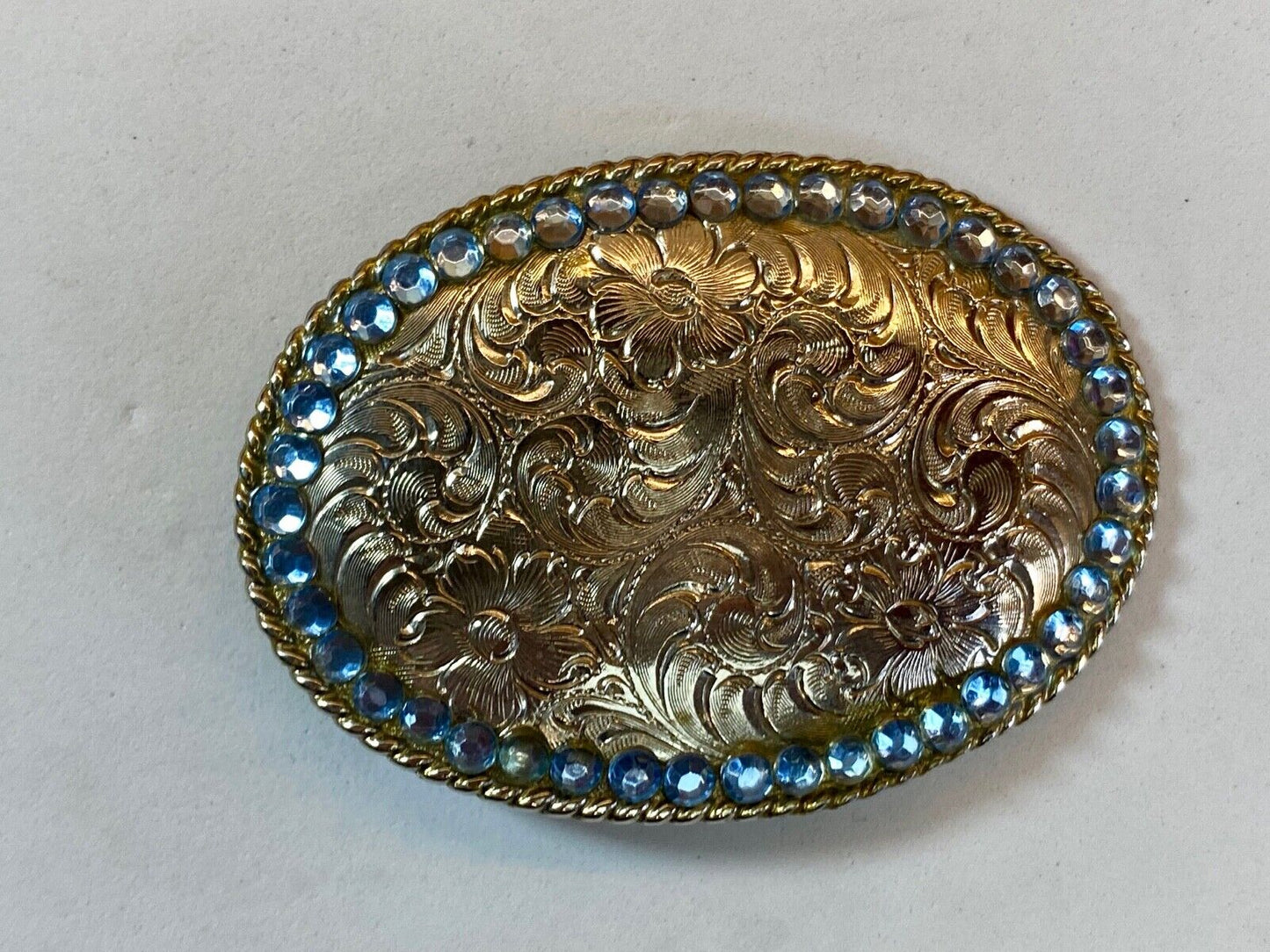 Beautiful Etched Western Swirl Belt Buckle Taiwan Roc With Blue Rhinestones