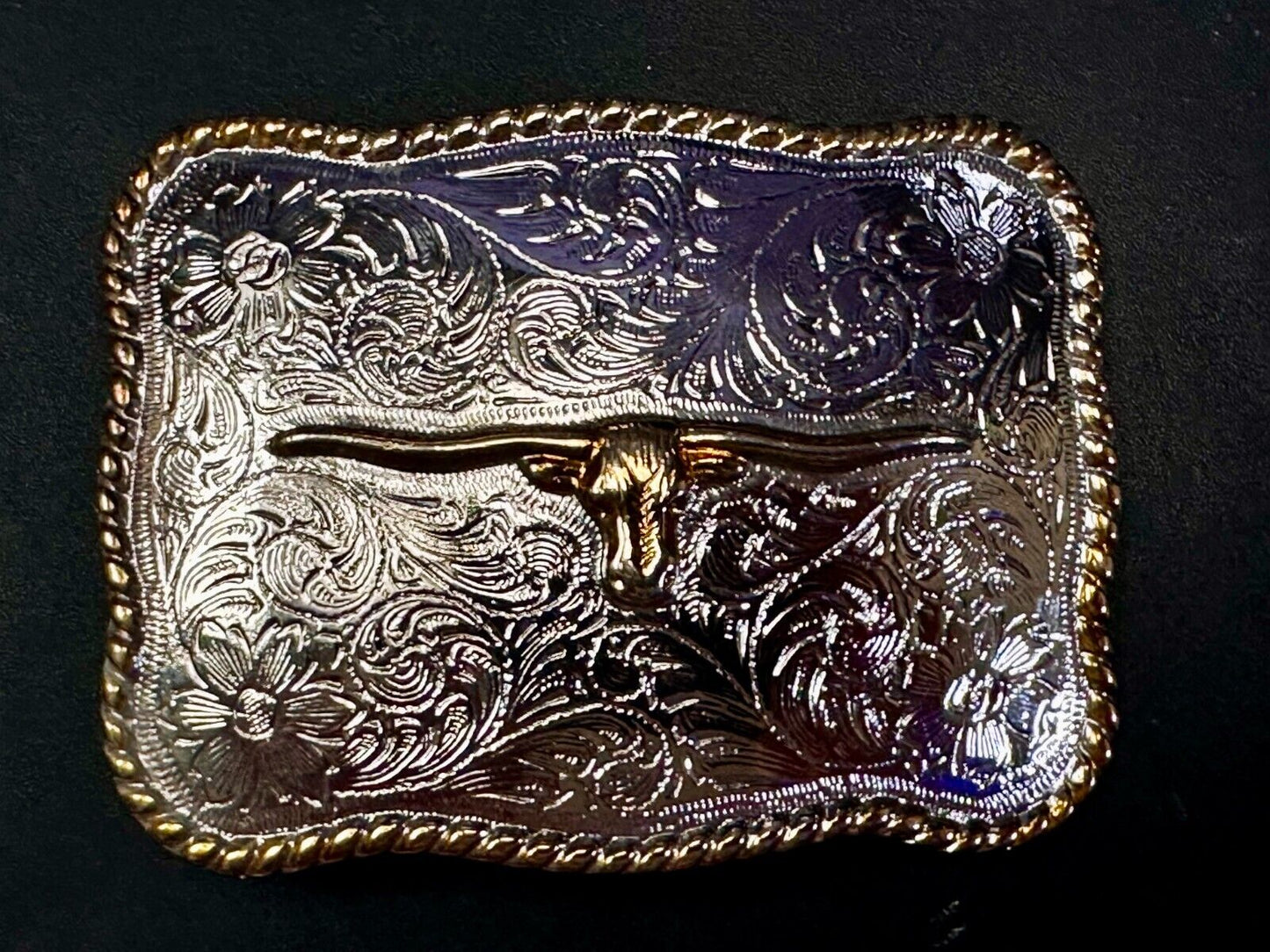 Texas Longhorn Vintage Western Flower Swirl Design Belt Buckle With Rope Boarder