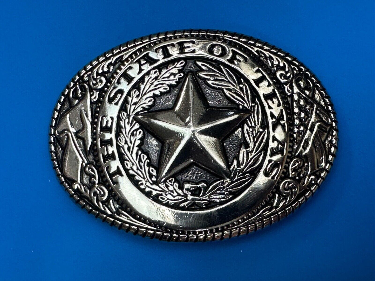 The Great State of TEXAS Star Flag Olive Branch Silver color oval Belt Buckle