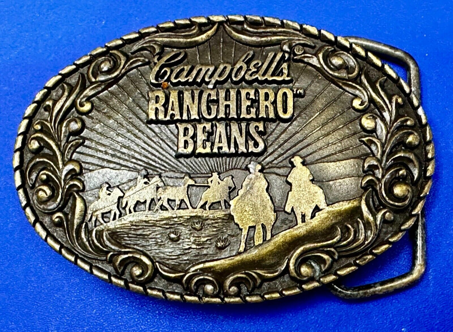 Vintage Campbells Soup Ranchero Beans Western Cowboy Chuck Wagon Belt Buckle