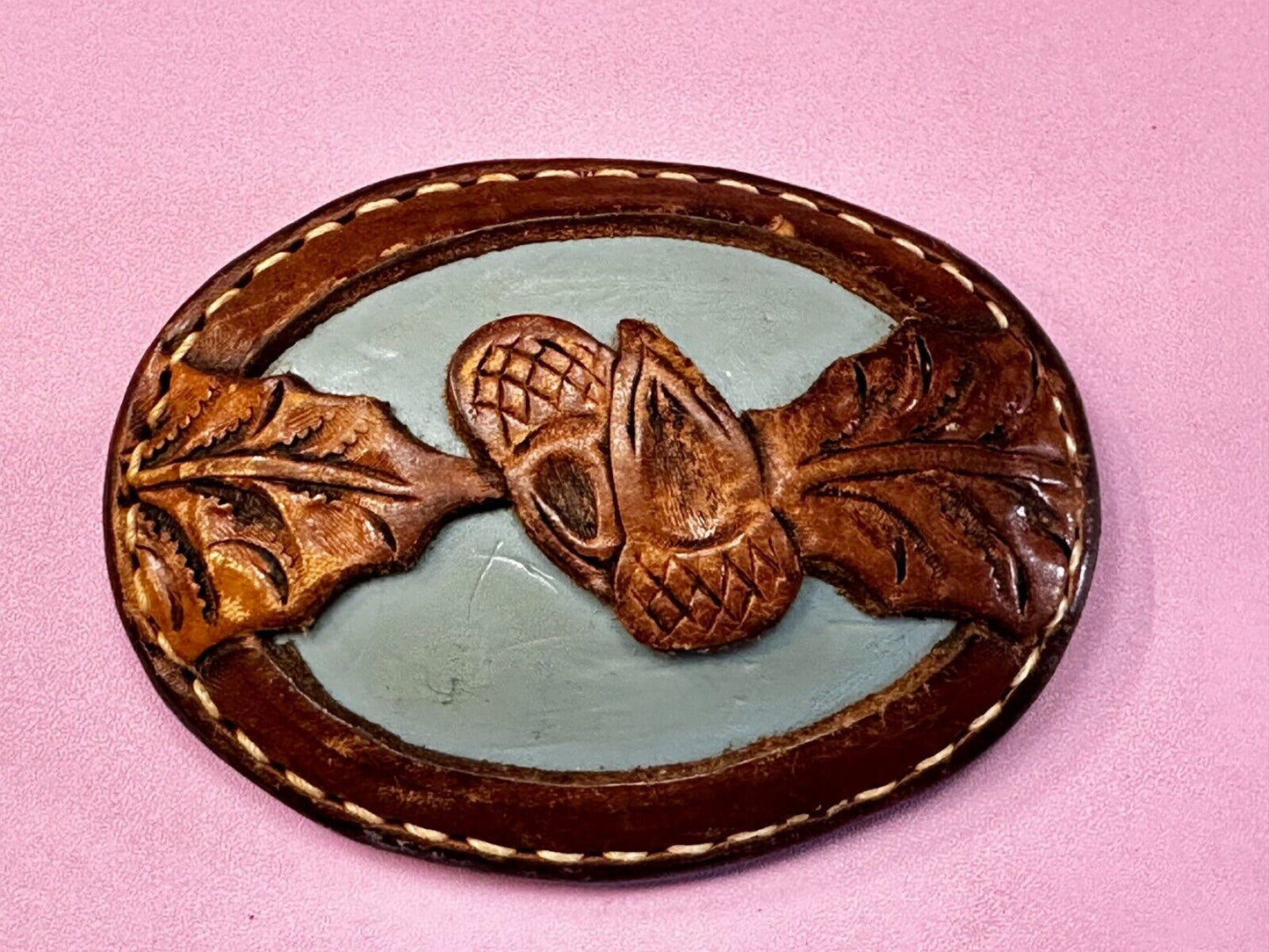 Artisan Hand-Stitched Acorn Leaf Brown Leather 4" Large Unique Belt Buckle