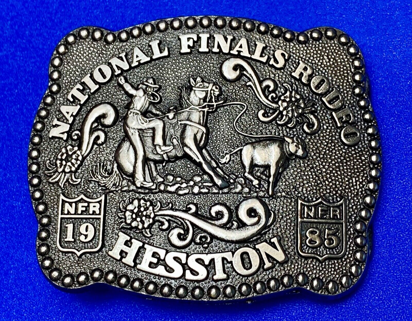 1985 Hesston YOUTH size Nation Finals Rodeo NFR Cowboy belt buckle