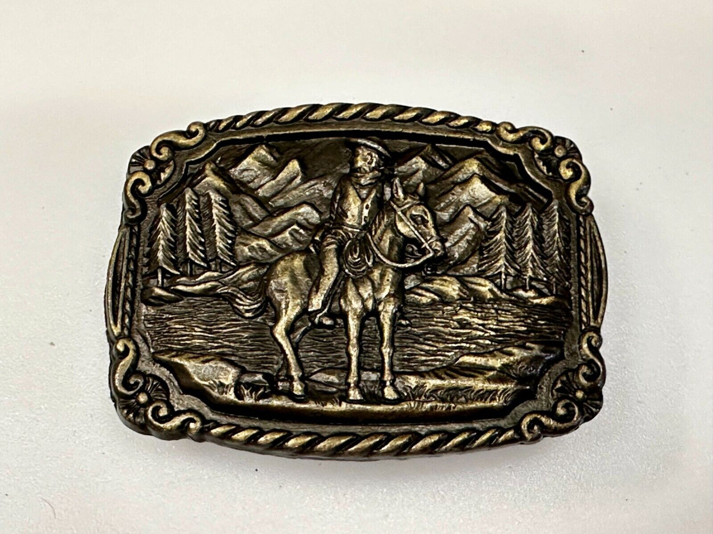 Tall in the Saddle Cowboy Horse Western Vintage Belt Buckle W/ Rope Boarder