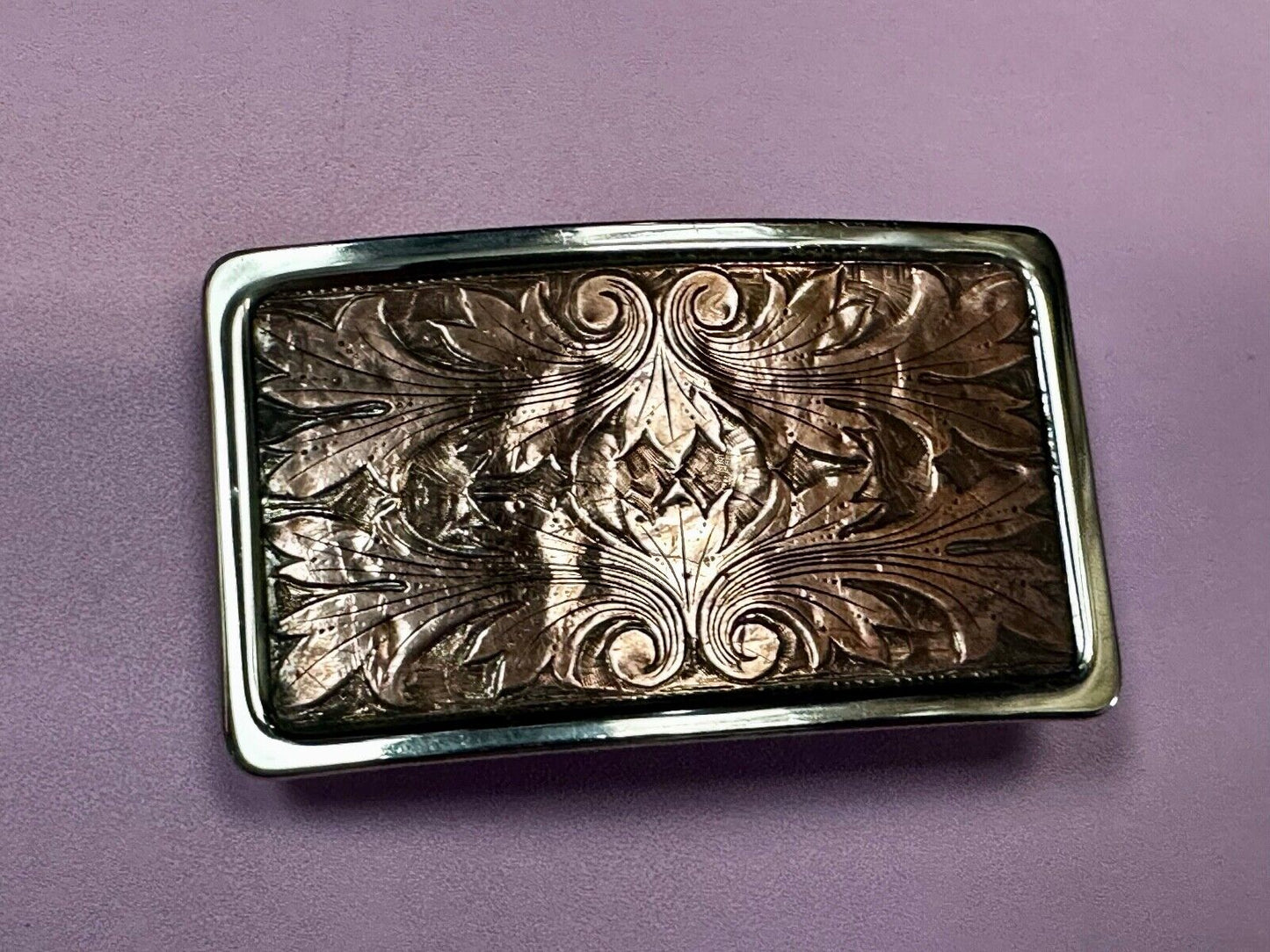 Vintage etched brown leaf pattern two tone Belt Buckle