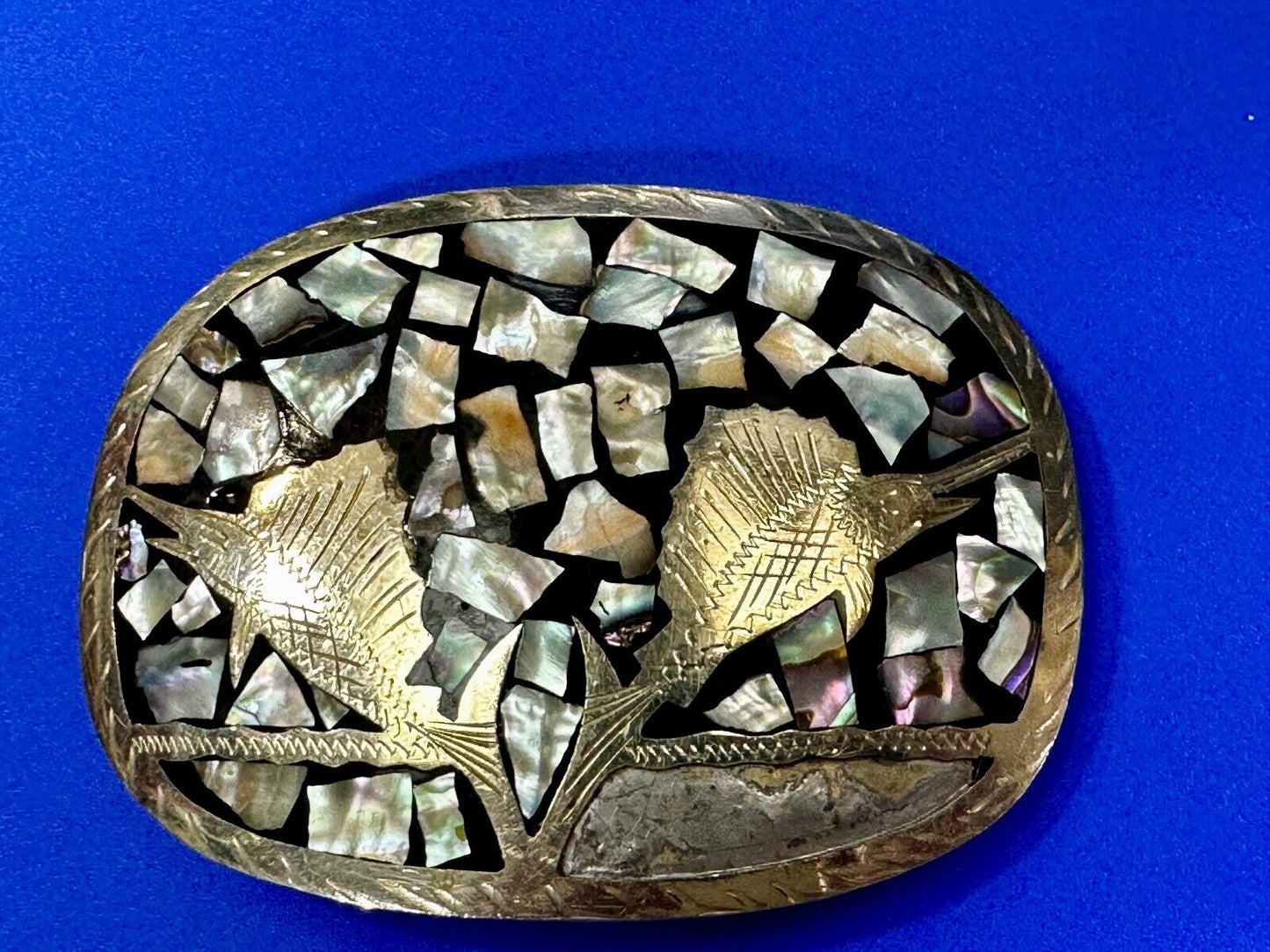 Swordfish with Abalone Shell Inlaid Western Belt Buckle - missing shell to repar