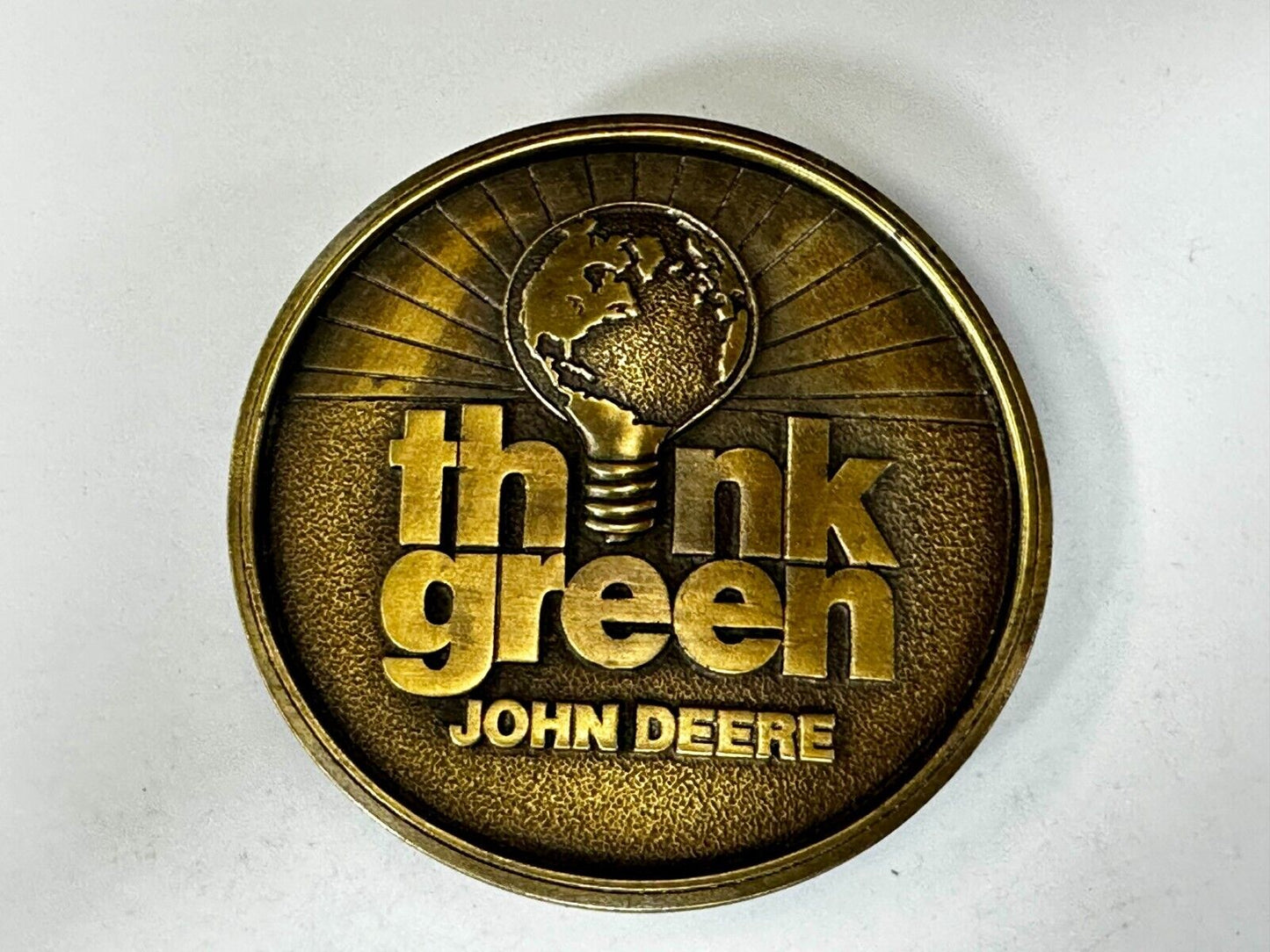THINK GREEN - John Deere Farm Tractors Vintage Brass Tone Round Belt Buckle