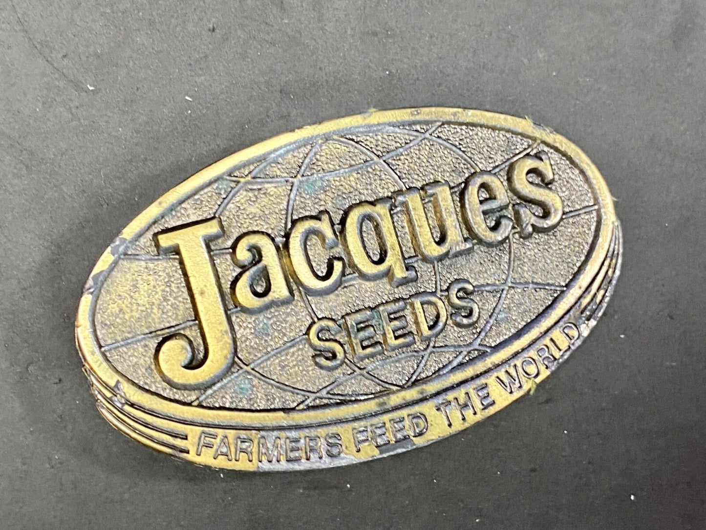 Vintage 1977 Jacques Seeds Farmers Feed The World Brass Tone Belt Buckle