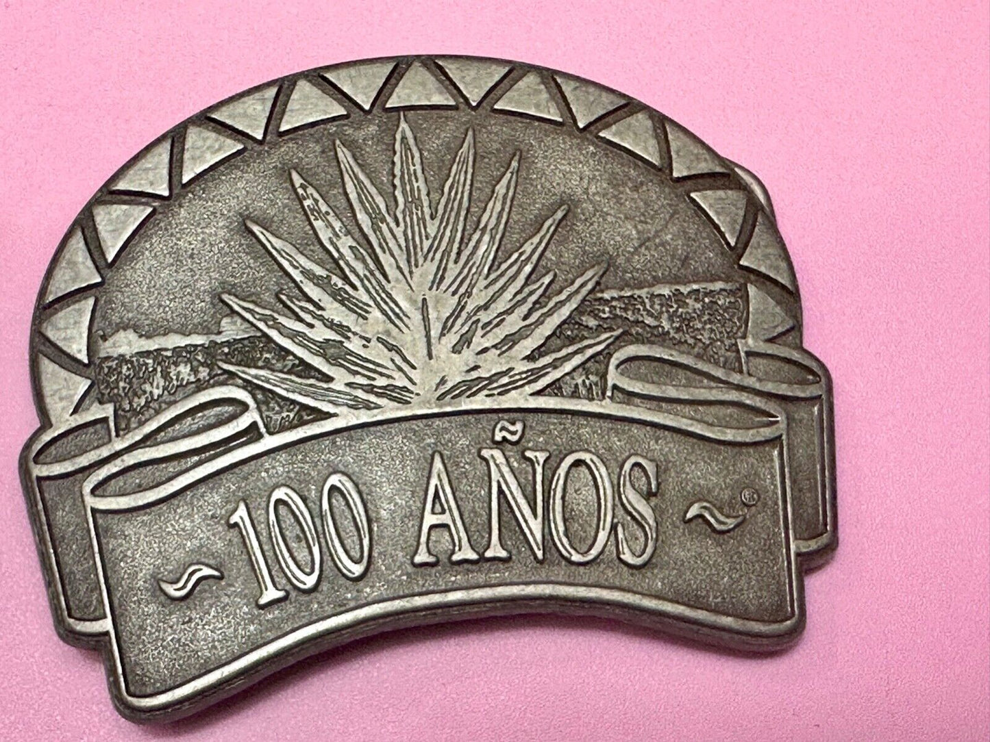 Tequila advertising 100 Anos Vintage Pewter Metal cutout belt buckle